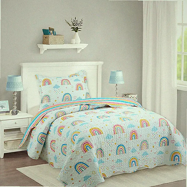 2/3PCS Colorful Rainbow Small Bear Small Horse Quilt Bedspread Set Throw Blanket