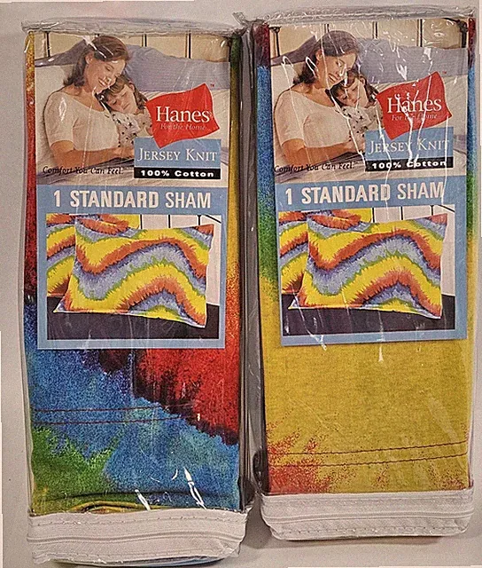 2 Standard Shams Rainbow Colors Vintage 2001 Hanes Jersey Knit 100% Cotton NIP