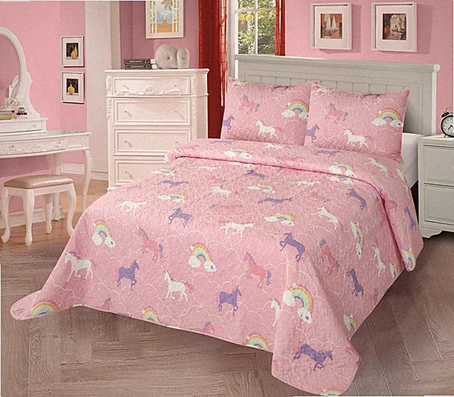 2pc Twin Quilt Bedspread Set /Teens Girls Unicorn Rainbow Pink Purple White New