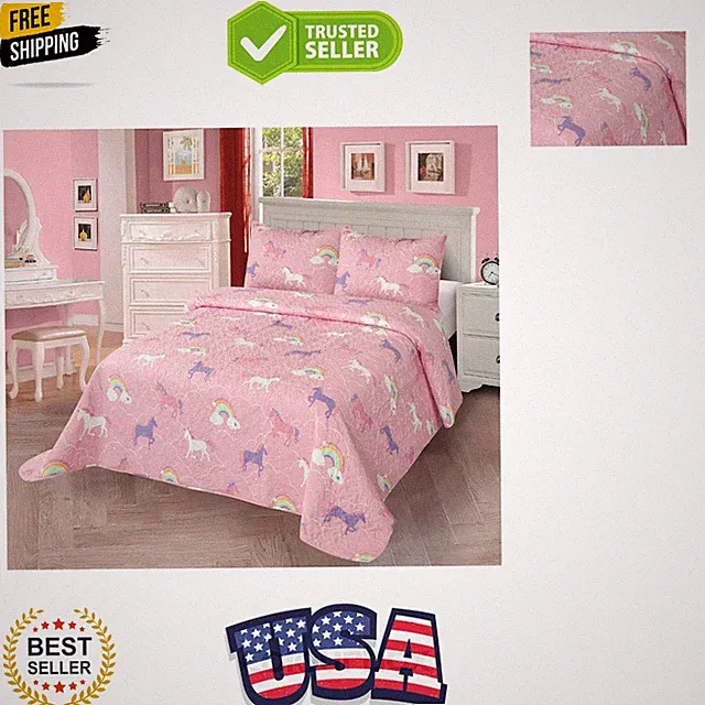 3pc Full/Queen Quilt Bedspread Set Kids/Teens Girls Unicorn Rainbow Pink Purp...