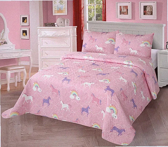 3pc Full/Queen Quilt Bedspread Set Kids/Teens Girls Unicorn Rainbow Pink Purple