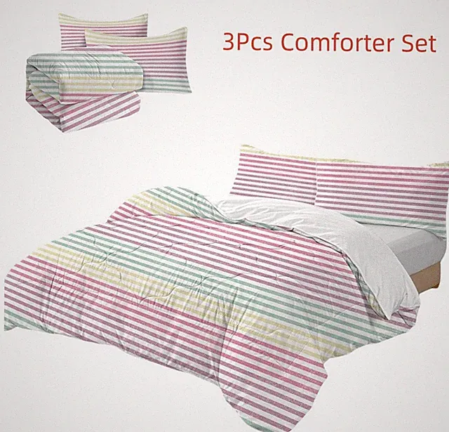 3Pcs Rainbow Comforter Set Bedding Set With 1 Comforter 2 PillowShams Queen Pink