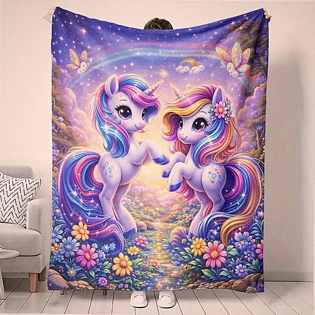 Brand New Unicorn Rainbow Fantasy Velveteen Throw Blanket 50x60 Cute Decor
