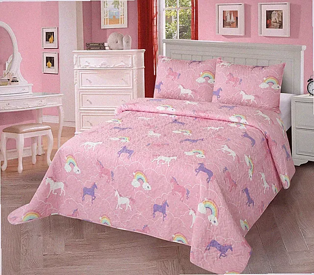Full/Queen Unicorn Rainbow Quilt Bedspread Set for Girls 3pc Pink Purple
