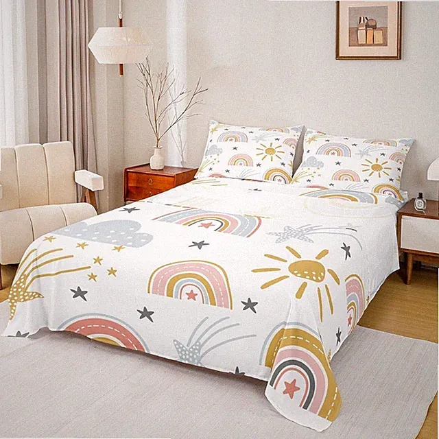 Girls Rainbow Bed Sheets Queen Size Sun and Stars Sheet Set 4 Piece Soft
