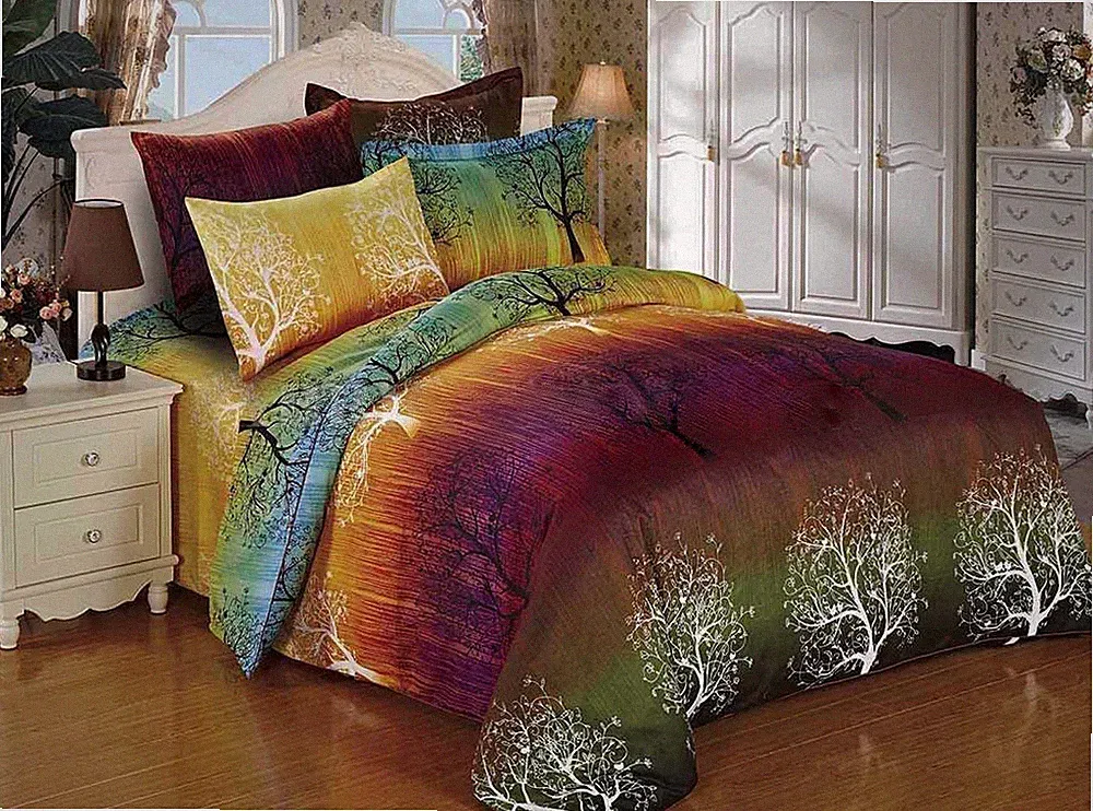 Full Size Rainbow Tree Print Bed Set: 1 Duvet Cover + 4 Pillow Shams (d2802)