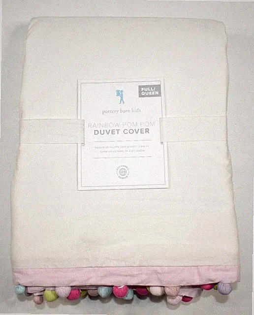 Pottery Barn Kids Rainbow Pom Pom White & Multicolor Full Queen Duvet Cover NEW
