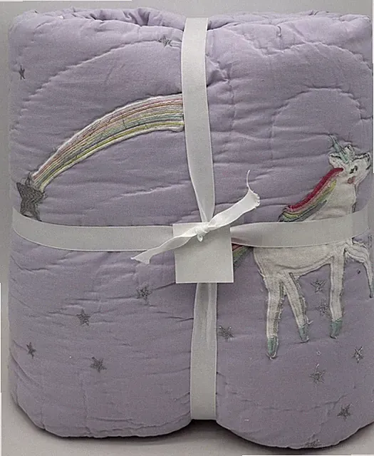 Pottery Barn Kids Rainbow Unicorn TWIN Quilt ~ Lavender Multi