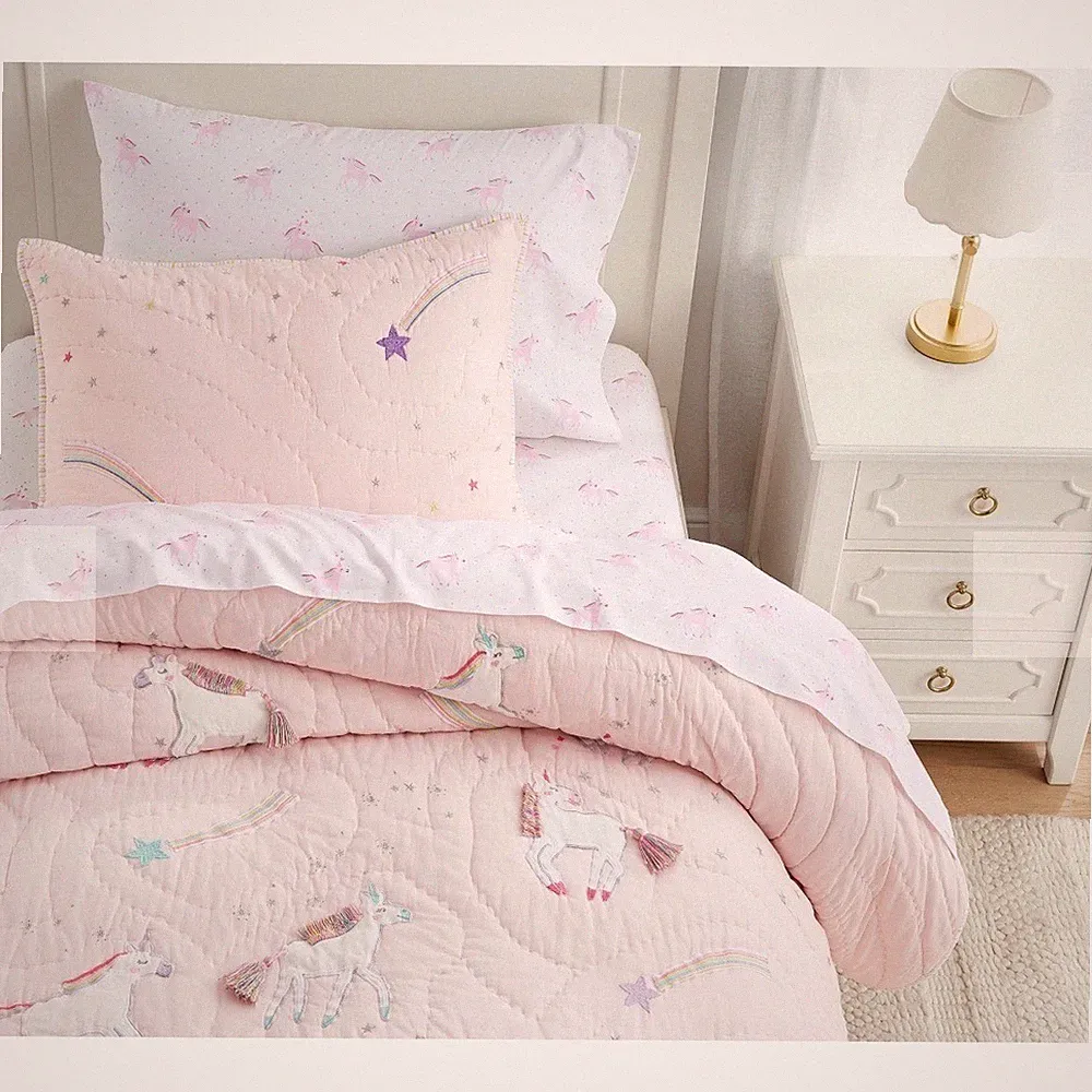 Pottery Barn Kids Twin Unicorn Rainbow Embroidered Pink Quilt and Sheet Set