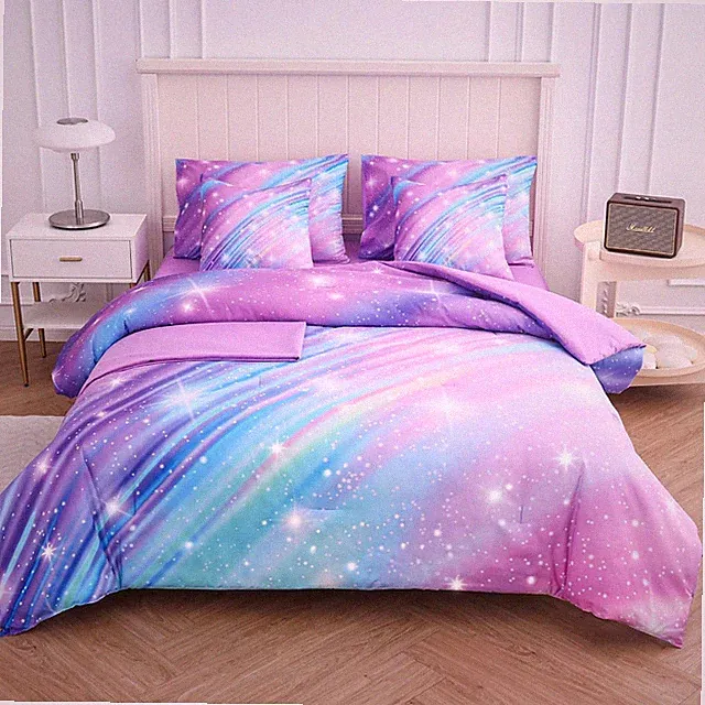Rainbow Bedding Set Queen Size – 6-Piece Reversible Girls Comforter with Deep-Po