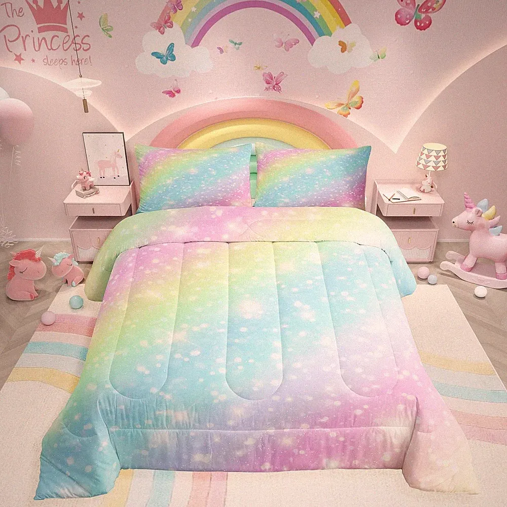 Rainbow Bedding Set Twin Tie Dye Pastel Comforter Star Glitter Girl Decor