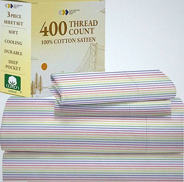 Rainbow Stripe Twin-XL Sheet Set - 100% Cotton, 400 Thread Count Sateen