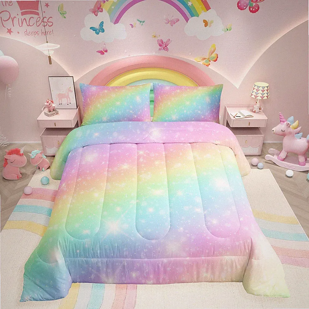 Twin Rainbow Bedding Comforter Set Tie Dye Pastel with Golden Stars 2 Piece