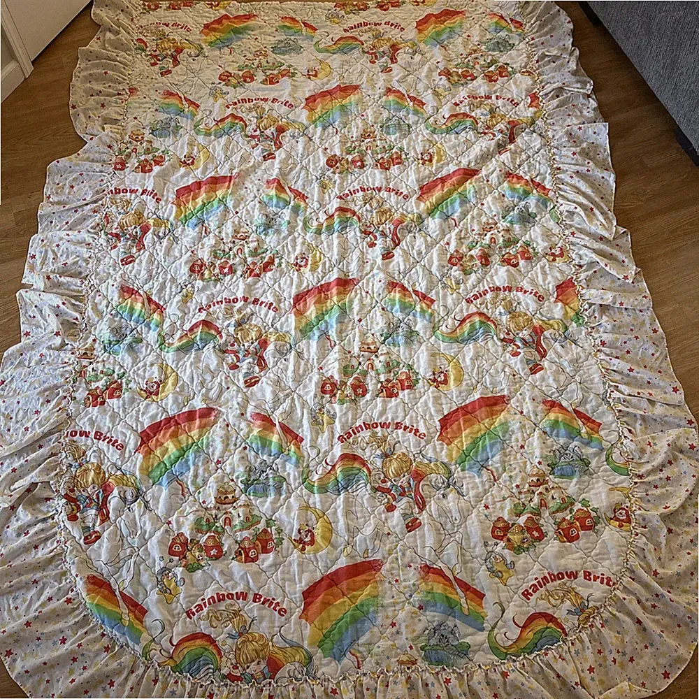 Vintage Rainbow Brite 3 Sided Ruffled Bed Skirt Ruffled Daybed Top Sheet 1983