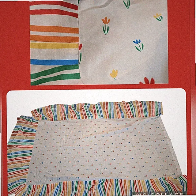 Vintage rainbow stripes and floral print twin bed skirt